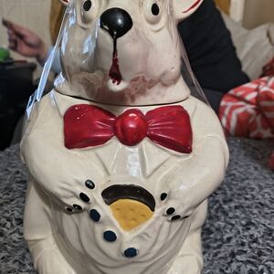 Mccoy Cream Dog Treat Jar with Red Bow and Black Details